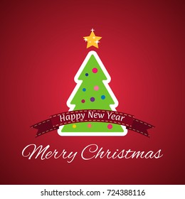 Merry Christmas and Happy New Year, red background with Christmas Tree and Star.