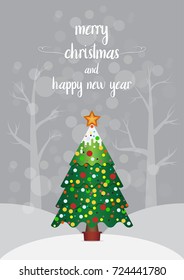 merry Christmas and happy new year text, Colorful light on Christmas tree in backdrop forest vector