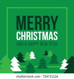 Merry Christmas and Happy New Year Text with Pine Trees Over Green Background, Vector Illustration