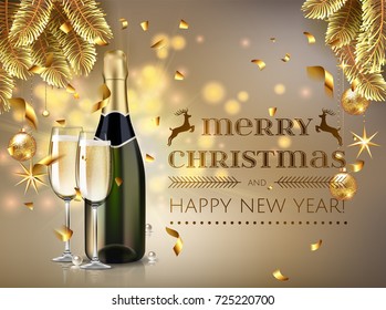 Merry Christmas and happy new year champagne bottle and glasses stock vector illustration in realistic style.  Greeting card or elegant holiday party invitation with golden christmas tree, confetti