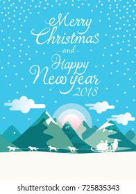 Merry Christmas and Happy New Year 2018, greeting card on a flat winter background with a snowflakes. vector illustration.