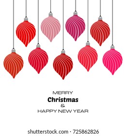 Merry Christmas and Happy New Year background with red christmas balls. Vector background  for your greeting cards, invitations, festive posters. 