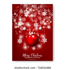 Merry Christmas and Happy New Year Party Invitation with snowflake balls and lights on red background