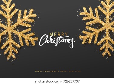 Merry Christmas and Happy New Year. Xmas background with shining golden snowflakes