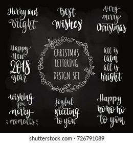 Merry Christmas and Happy New Year lettering set. Winter holidays handwritten calligraphy vector illustration  for design Greeting cards, Invitations, Stickers and banners on chalkboard background.