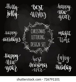 Merry Christmas and Happy New Year lettering set. Winter holidays handwritten calligraphy vector illustration  for design Greeting cards, Invitations, Stickers and banners on chalkboard background.