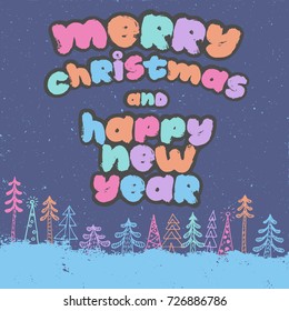 Merry Christmas and Happy New Year calligraphy brush text with winter forest on deep blue