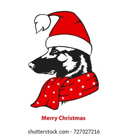 merry christmas happy new year greeting shepherd dog in santa xmas hat and scarf portrait vector illustration