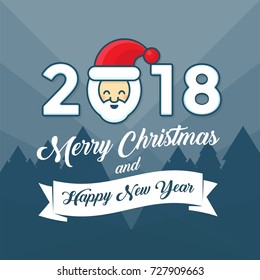 Merry Christmas and Happy New Year 2018 year with ribbon and santa holiday background. Christmas decoration element, greeting card, banner, poster. Vector illustration in flat style design