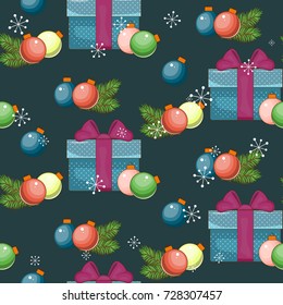 Merry Christmas and happy New year. Seamless pattern with balls and presents on a dark background. Vector illustration.