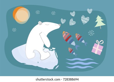 Merry Christmas and Happy New Year. A polar bear on an ice floe, hearts, fish, a gift and a Christmas tree. Waves and sun. Greeting card.