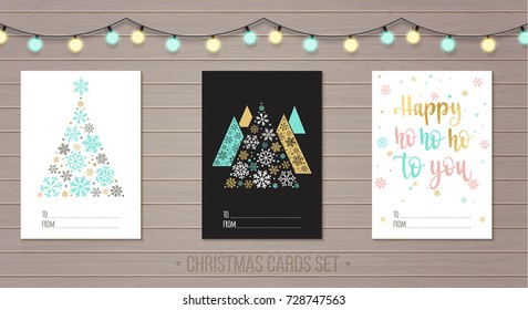 Merry Christmas and Happy New Year templates set. Vector illustration and winter holidays handwritten calligraphy for design Greeting cards, Congratulations, Invitations, Stickers and Banners.