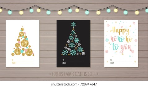 Merry Christmas and Happy New Year templates set. Vector illustration and winter holidays handwritten calligraphy for design Greeting cards, Congratulations, Invitations, Stickers and Banners.