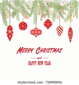 Merry Christmas And Happy New Year Card.Christmas Invitation.Greeting Card with  Christmas Ornaments Decorations. Vector illustration