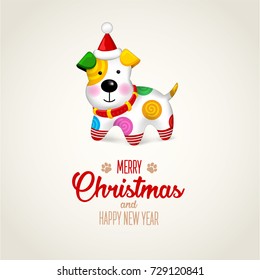 Merry Christmas, happy New Year. Happy small Dog. Christmas tree decoration. Dog is symbol of 2018 year on Chinese calendar. Vector. Puppy in hat. isolated images of pets dressed in Christmas attire
