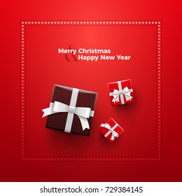 Merry Christmas and Happy New Year Card design. Red gift boxes with dotted frame on red background.