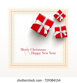 Merry Christmas and Happy New Year Card design. Red gift boxes with dotted frame on white background.