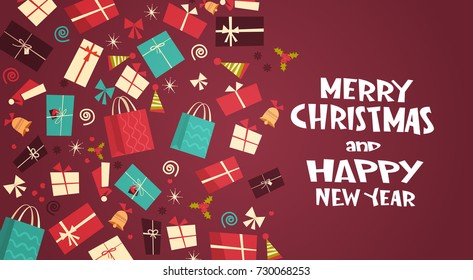 Merry Christmas And Happy New Year Greeting Card With Different Gift Boxes Winter Holiday Presents Concept Flat Vector Illustration