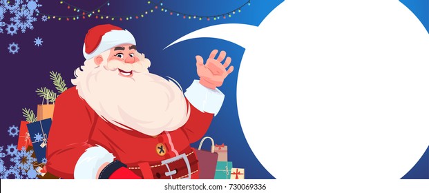 Merry Christmas And Happy New Year Greeting Card With Santa Claus With Chat Bubble Winter Holidays Banner Concept Flat Vector Illustration