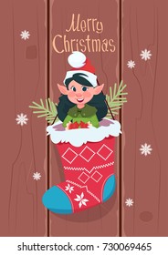 Merry Christmas And Happy New Year Greeting Card With Elf Hanging In Present Sock Winter Holidays Banner Concept Flat Vector Illustration