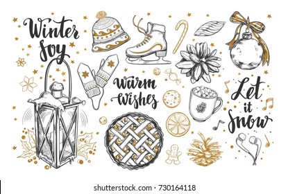Merry Christmas and Happy New Year set. Vector hand drawn winter elements and Modern brushpen Calligraphy. Winter Joy. Let it snow. Warm Wishes Lettering 