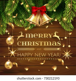 Merry Christmas and Happy New Year stock vector greeting card with Chrirstmas decorations fir tree border, gold bell and confetti . Wooden, green and gold christmas classic colors. EPS 10