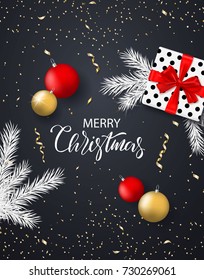 Merry Christmas and Happy New Year background for holiday greeting card, invitation, party flyer, poster, banner. Christmas tree balls, fir branches, gift box and confetti. Vector illustration.