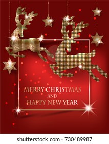 Merry christmas and happy new year greeting card with gold with pattern hanging deers and stars. Vector illustration