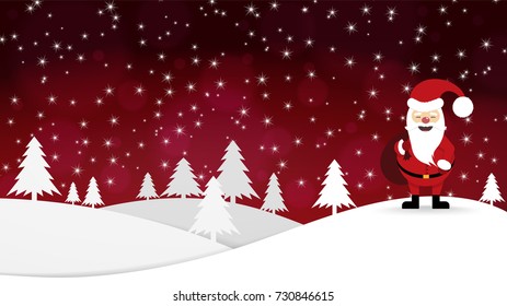 Merry Christmas and Happy New Year. Red background. Evening, the snow falls. Santa Claus with gifts. Vector image.