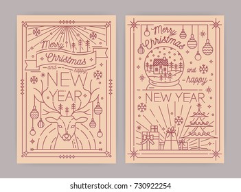 Merry Christmas and Happy New Year greeting card templates with festive decorations and holiday attributes drawn in line art style - deer, snowflakes, decorated spruce, gifts. Vector illustration.