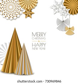 Merry Christmas, Happy New Year greeting card. Vector golden paper decoration snowflakes, christmas tree, angel. Background with place for text. Material design concept for banner, flyer, poster.