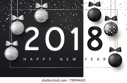 Merry Christmas and Happy New Year background for holiday greeting card, invitation, party flyer, poster, banner. Silver and black shiny tree balls and confetti. Vector illustration.