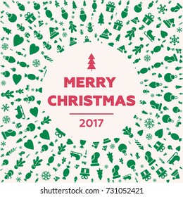 Merry christmas and happy new year cards. Quality vector flat design Ideal for Xmas cards, banners, posters and other printables. Winter holidays design elements with deer, sleigh, stocking, wreath.