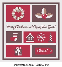 Merry christmas and happy new year cards. Quality vector flat design Ideal for Xmas cards, banners, posters and other printables. Winter holidays design elements with deer, sleigh, stocking, wreath.