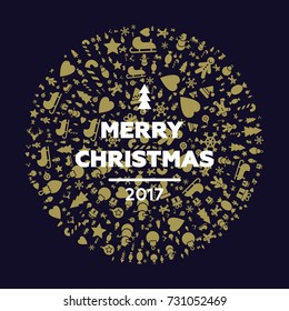 Merry christmas and happy new year cards. Quality vector flat design Ideal for Xmas cards, banners, posters and other printables. Winter holidays design elements with deer, sleigh, stocking, wreath.