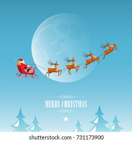 Merry Christmas and Happy New Year, Santa Claus drives sleigh with reindeer on the full moon sky, flat cartoon style, vector illustration