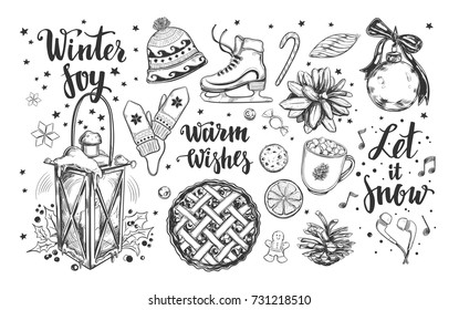 Merry Christmas and Happy New Year set. Vector hand drawn winter elements and Modern brushpen Calligraphy. Winter Joy. Let it snow. Warm Wishes Lettering 