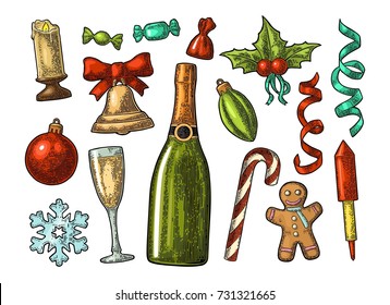 Merry Christmas and Happy New Year set. Gingerbread man, candy, mistletoe, candle, bell, toy, serpentine, rocket, snowflake, champagne. Vector vintage color engraving illustration isolated on white