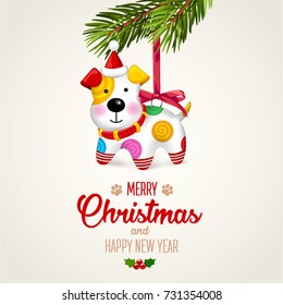 Merry Christmas and happy New Year. Happy small Dog. Christmas tree decoration. Dog is symbol of 2018 year on Chinese calendar. Vector  illustration. Puppy in hat. Fir branches. 