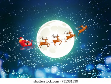 Merry Christmas and Happy New Year, Santa Claus drives sleigh with reindeer on the starry sky, flat cartoon style, vector illustration