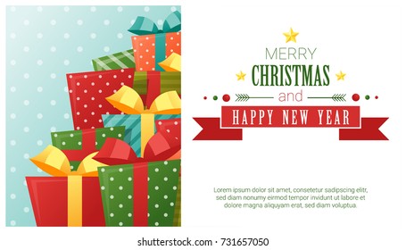 Merry Christmas and Happy New Year background with gift boxes , vector , illustration