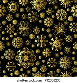 Merry Christmas and Happy New Year seamless pattern with golden snowflakes isolated on black. Abstract winter fairy background for your holiday design. Vector illustration.