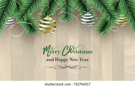 Merry Christmas and Happy New Year banner as a wish with gold and silver christmas baubles, bows, confetti and green branches. Vector illustration.