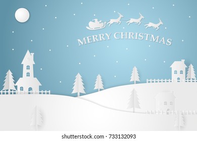 Merry Christmas and Happy New Year Paper Art . Illustration of Santa Claus and reindeer on the sky to give gifts ,paper art and craft style , vector concept , invitation card