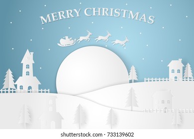 Merry Christmas and Happy New Year Paper Art . Illustration of Santa Claus and reindeer on the sky to give gifts ,paper art and craft style , vector concept , invitation card