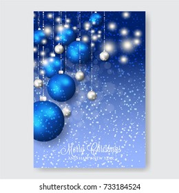 Merry Christmas and Happy New Year Party Invitation with snowflake balls and lights on blue background
