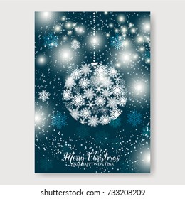 Merry Christmas and Happy New Year Party Invitation with snowflake balls and lights on blue background