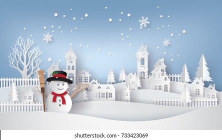 Merry Christmas and Happy New Year. Illustration of snow man in the village,paper art and  digital craft style