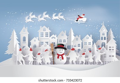 Merry Christmas and Happy New Year. Illustration of Santa Claus on the sky coming to City with happy family dance around snowman,paper art and  digital craft style