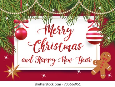 Merry Christmas and Happy New Year card design in red, vector illustration with lettering, Christmas tree branches, gingerbread man, balls and decorations